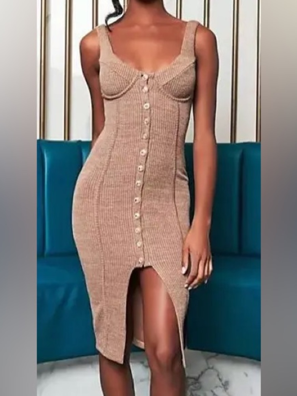 Lavish Alice ribbed knit button-front midi dress